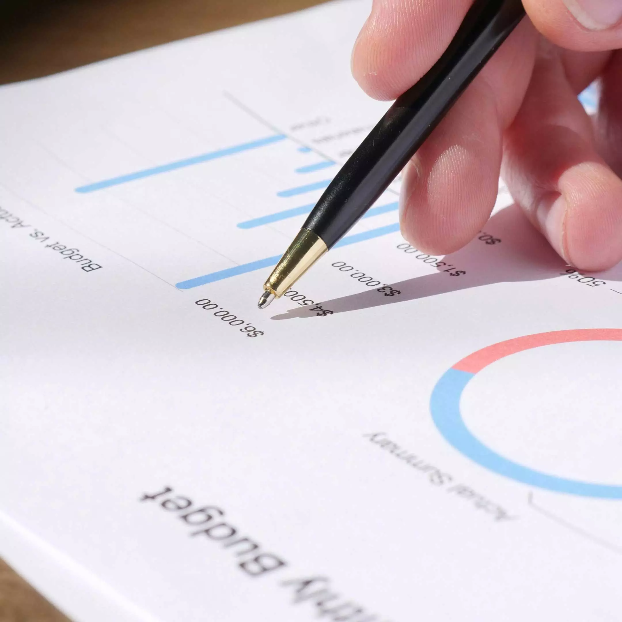 Image of a person's hand holding a pen pointing at financial information printed on a piece of paper